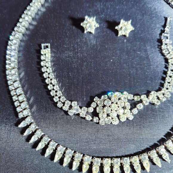 Faceted Rhinestone Set Necklace Bracelet Convertible Earrings VTG Estate Jewelry - Picture 3 of 14